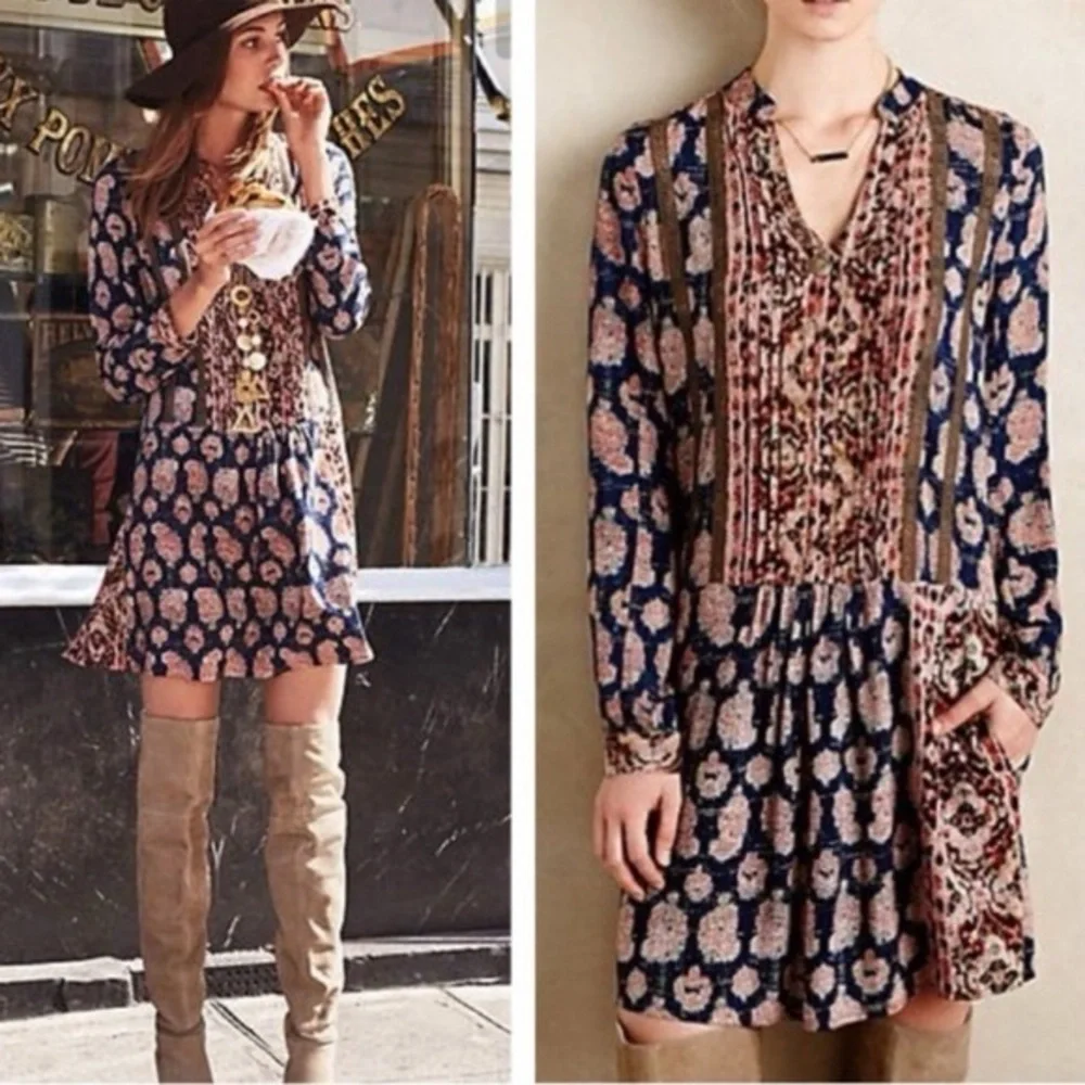Anthropologie Tiny Paquerette Boho Floral Colorful Cowgirl Shirt Dress Size XS - Picture 1 of 4